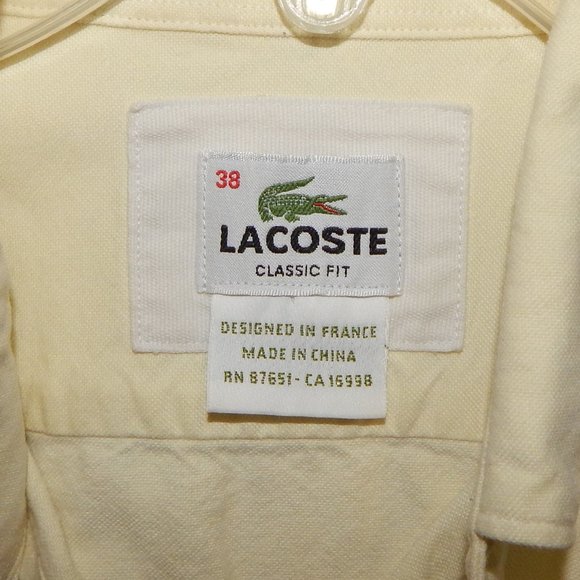 Men's Lacoste Classic Fit Button-Front Shirt ~ Short Sleeve - Size 38 - Yellow - Picture 7 of 8